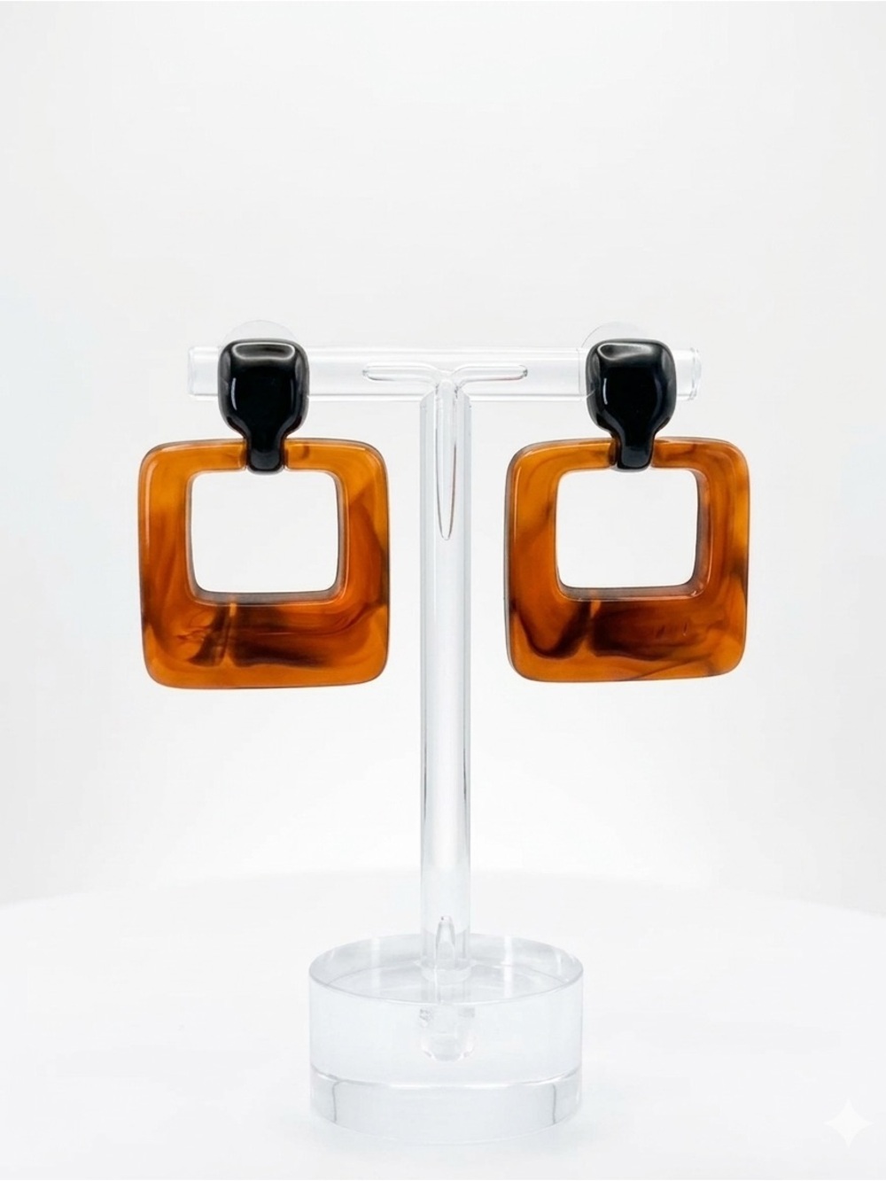 Vintage 70s 80s Tortoiseshell Lucite Square Statement Clip On Earrings Retro